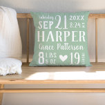 Sage Green Baby Girl Birth Stats | Editable Colors Throw Pillow<br><div class="desc">Modern farmhouse throw pillow personalized with your baby's name, birthday, birth stats or other custom text. Click the Customize It button to choose any background color, customize fonts, add your own text and photos to create your own unique one of a kind design! A wonderful unique gift for new parents...</div>