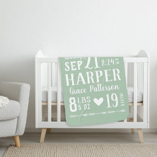 Sage Green Baby Girl Birth Stats Keepsake Baby Blanket