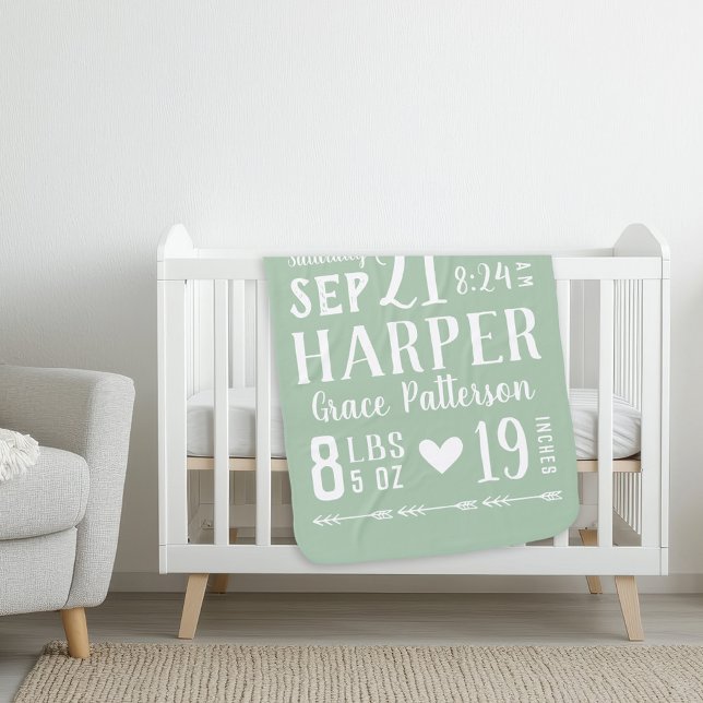 Sage Green Baby Girl Birth Stats Keepsake Baby Blanket (Creator Uploaded)