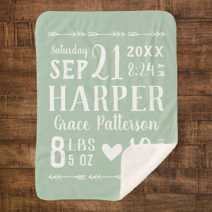 Sage Green Baby Girl Birth Stats Keepsake Sherpa Blanket
