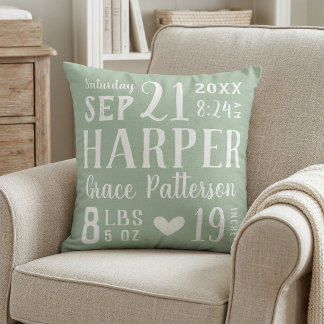Sage Green Baby Girl Birth Stats Keepsake Throw Pillow