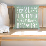 Sage Green Baby Girl Birth Stats Keepsake Throw Pillow<br><div class="desc">Modern farmhouse throw pillow personalized with your baby's name, birthday, birth stats or other custom text. Click the Customize It button to choose any background color, customize fonts, add your own text and photos to create your own unique one of a kind design! A wonderful unique gift for new parents...</div>