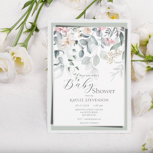 Sage Green Baby Girl Floral Modern Baby Shower Invitation (Creator Uploaded)