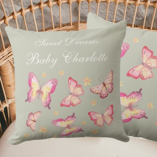 Sage Green Baby Girl Name Pink Butterfly Nursery Throw Pillow