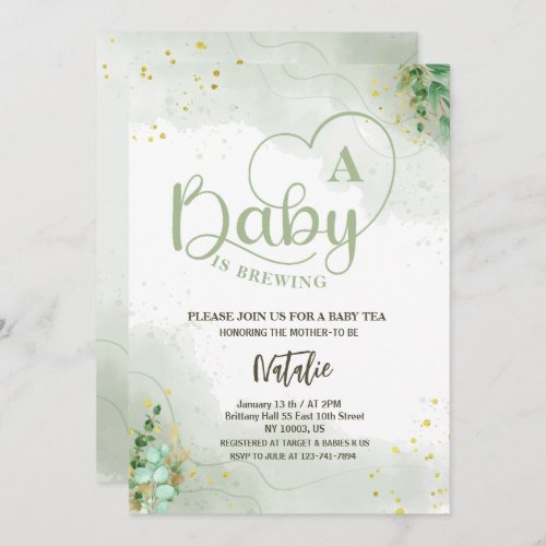   sage green baby is brewing greenery baby shower invitation