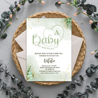 sage green baby is brewing greenery baby shower invitation