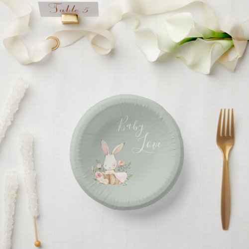 Sage Green Baby Love Script Baby Shower Paper Bowls