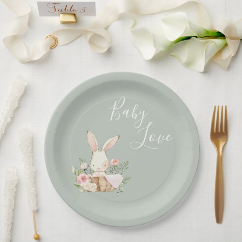 Sage Green Baby Love Script Baby Shower Paper Plates