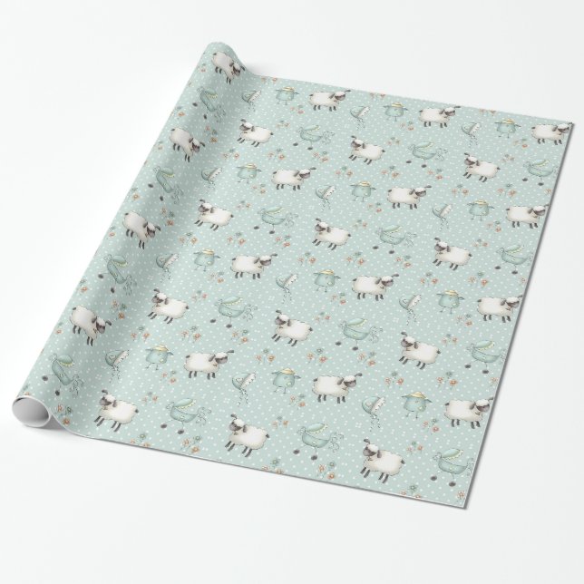 Sage Green Baby Pattern Wrapping Paper (Unrolled)