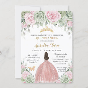 Sage Green Baby Pink Floral Rose Gold Quinceañera Invitation