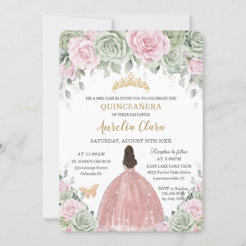 Sage Green Baby Pink Floral Rose Gold Quinceaera Invitation