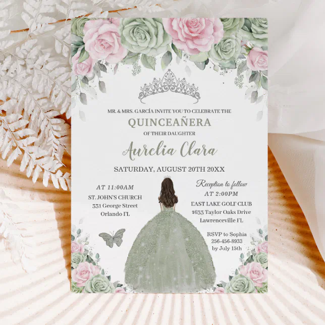 Sage Green Baby Pink Floral Silver Quinceañera Invitation | Zazzle