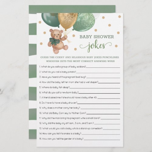 Sage Green Baby Shower Baby Jokes Game Teddy Bear 