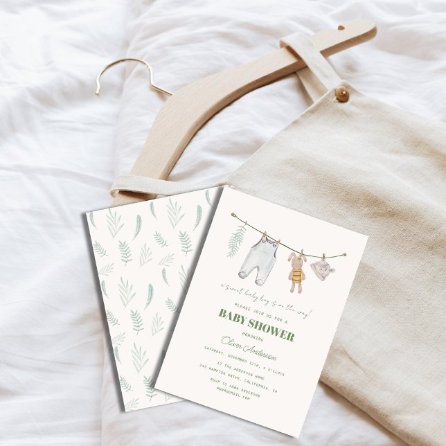 Sage Green Baby Shower Boho Boy Clothes Invitation (Sage Green Baby Shower Boho Boy Clothes Invitation)