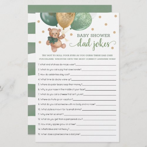 Sage Green Baby Shower Dad Jokes Game Teddy Bear 