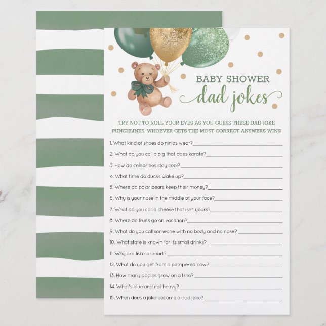 Sage Green Baby Shower Dad Jokes Game Teddy Bear  (Front/Back)