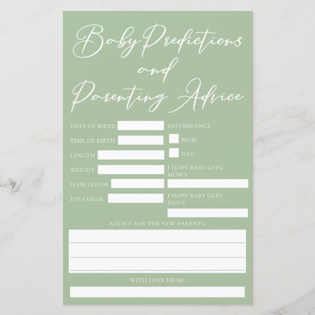 Sage Green Baby Shower Predictions Advice Card (Front)