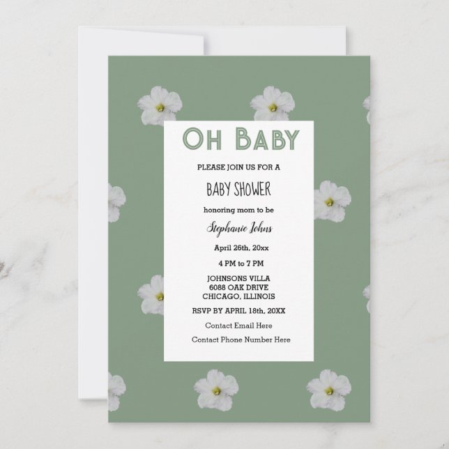 Sage Green Baby Shower QR Code Floral Bloom Cute Invitation (Front)