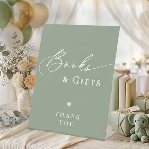 Sage Green Baby Shower Script Books and Gifts Pedestal Sign