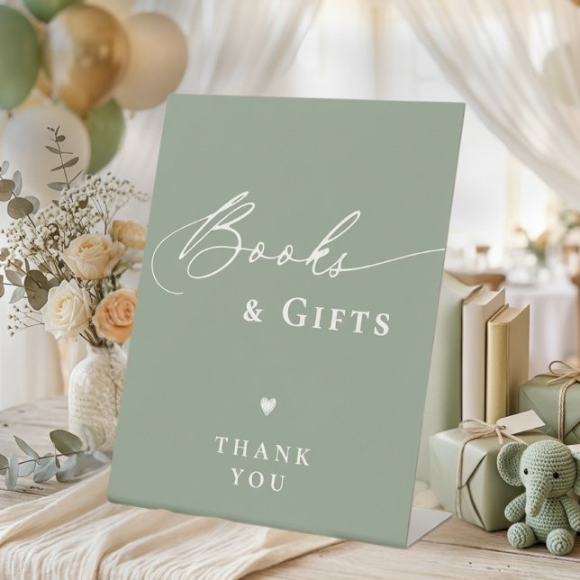 Sage Green Baby Shower Script Books and Gifts Pedestal Sign (Sage Green Baby Shower Script Books and Gifts Pedestal Sign)