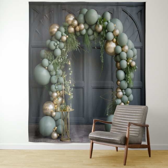 Sage Green Balloon Arch Hanging Tapestry (In Situ)