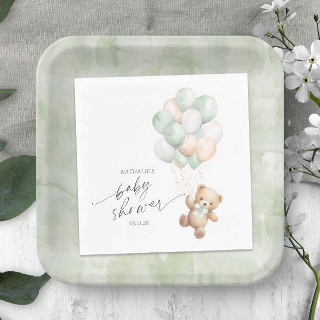 Sage Green Balloons, Bearly wait Gender Neutral  Napkins (Sage Green We Can Bearly Wait, Teddy Bear Themed Baby Boy Shower Napkin.)