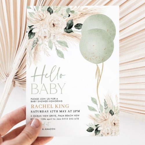 Sage Green Balloons Floral Baby Shower  Invitation
