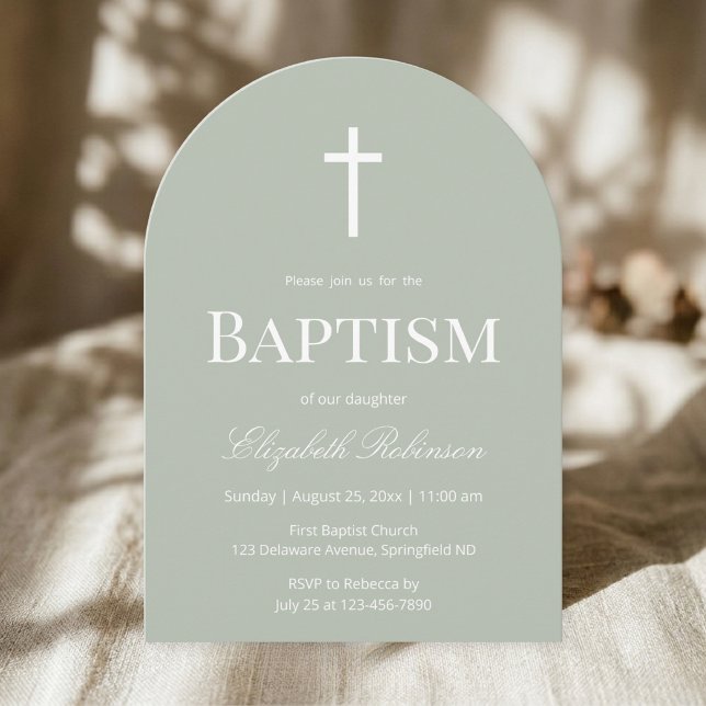 Sage Green Baptism Arch Minimalist Christening Invitation (Creator Uploaded)