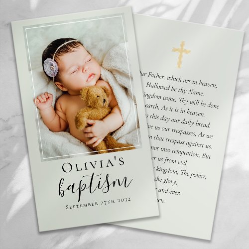Sage Green Baptism Photo Keepsake Prayer Card