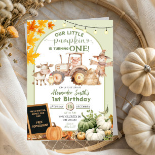 Sage Green Barn Animals Little Pumpkin Birthday Invitation