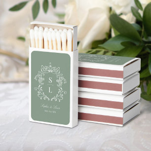 Sage Green Baroque Crest Monogram Elegant Wedding Matchboxes
