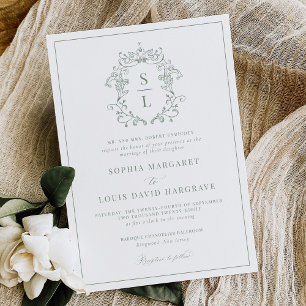 Sage Green Baroque Crest Monogram Formal Wedding Invitation