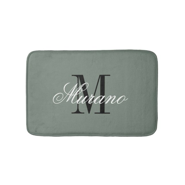 Sage green bath mat with elegant name monogram (Front)