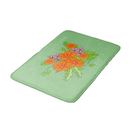 Sage green bath mat with orange flower, | Zazzle