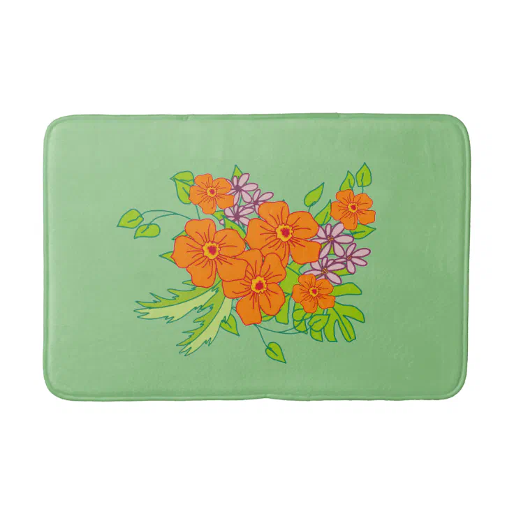 Sage green bath mat with orange flower, Zazzle