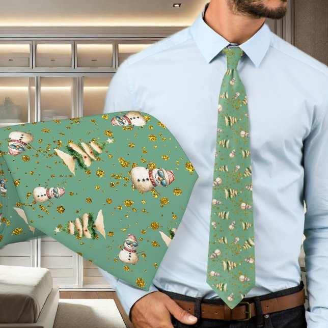 Sage Green Beach Christmas Snowman Pattern Neck Tie (Creator Uploaded)