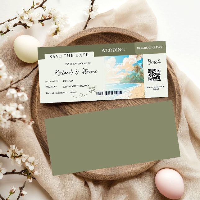 Sage green Beach Ship Boarding pass wedding Save The Date (Creator Uploaded)