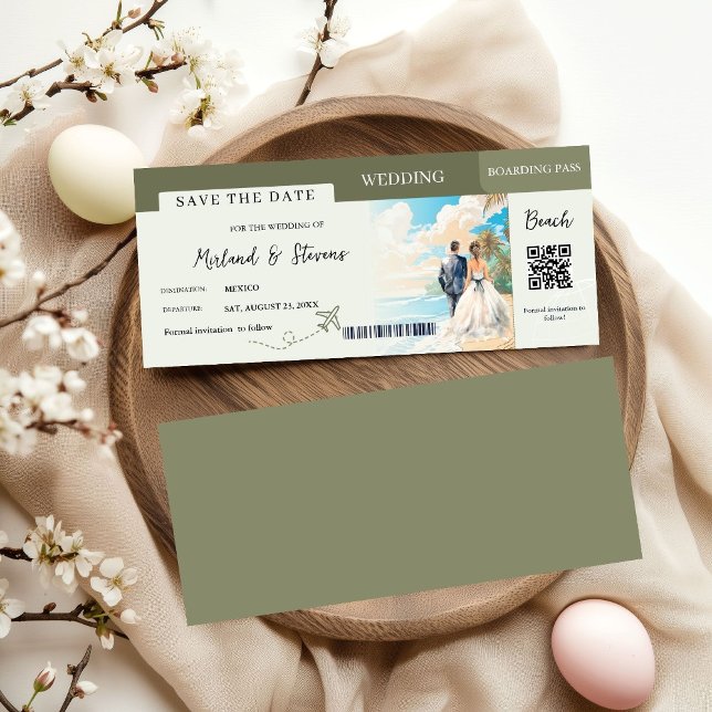 Sage green Beach Ship Boarding pass wedding Save The Date (Creator Uploaded)