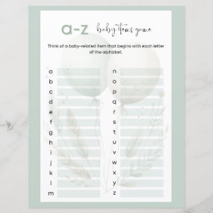 Sage Green Bear A to Z Baby Items Baby Shower Game