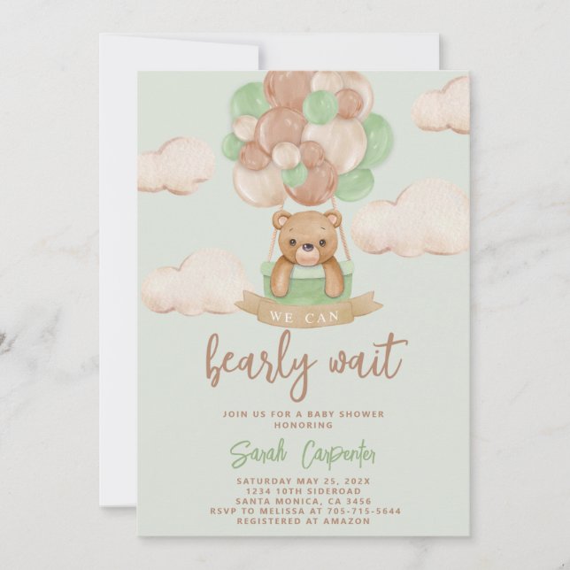 Sage Green Bear Baby Shower Boy Invitation (Front)