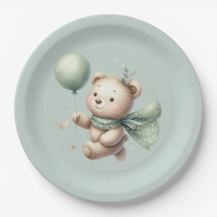 Sage Green Bear Baby Shower Paper Plates