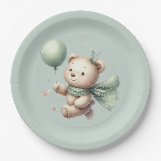 Sage Green Bear Baby Shower  Paper Plates (Front)
