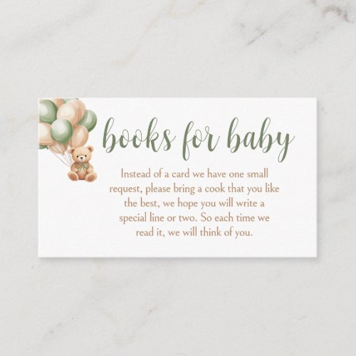 Sage Green Bear Balloon Baby Shower Books for Baby Enclosure Card