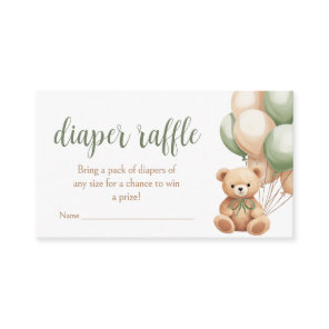 Sage Green Bear Balloon Baby Shower Diaper Raffle Enclosure Card