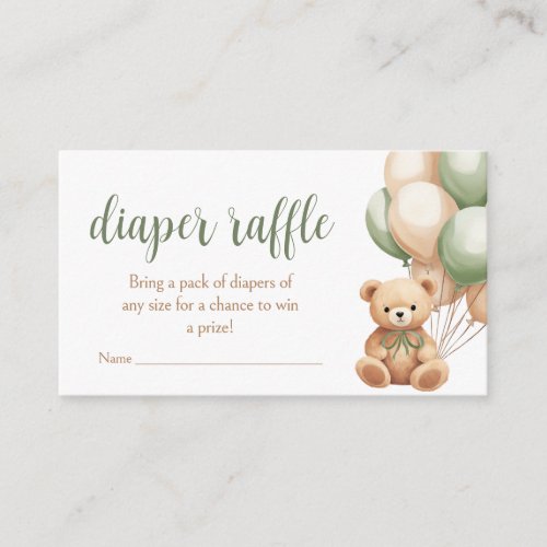 Sage Green Bear Balloon Baby Shower Diaper Raffle Enclosure Card