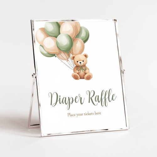 Sage Green Bear Balloon Baby Shower Diaper Raffle Poster