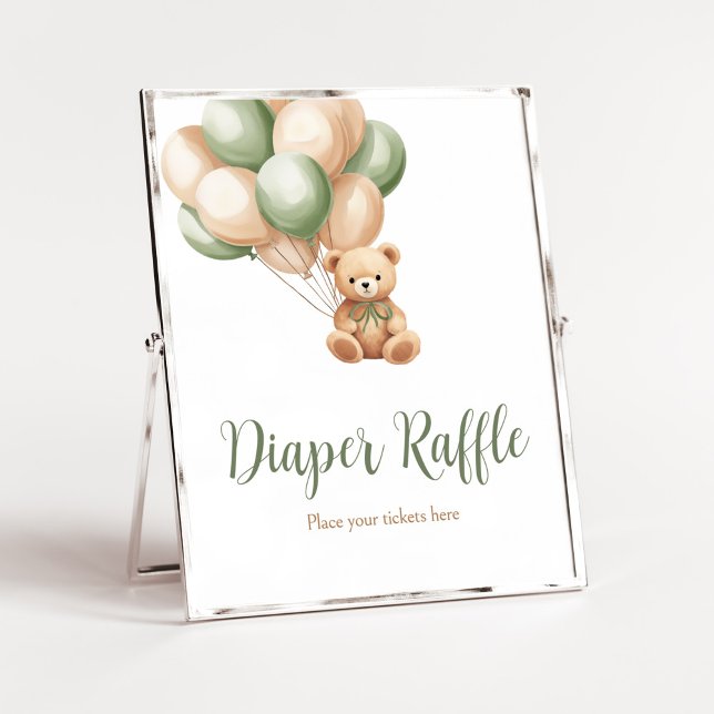 Sage Green Bear Balloon Baby Shower Diaper Raffle Poster (Green Boho Bear Baby Shower Diaper Raffle Sign)