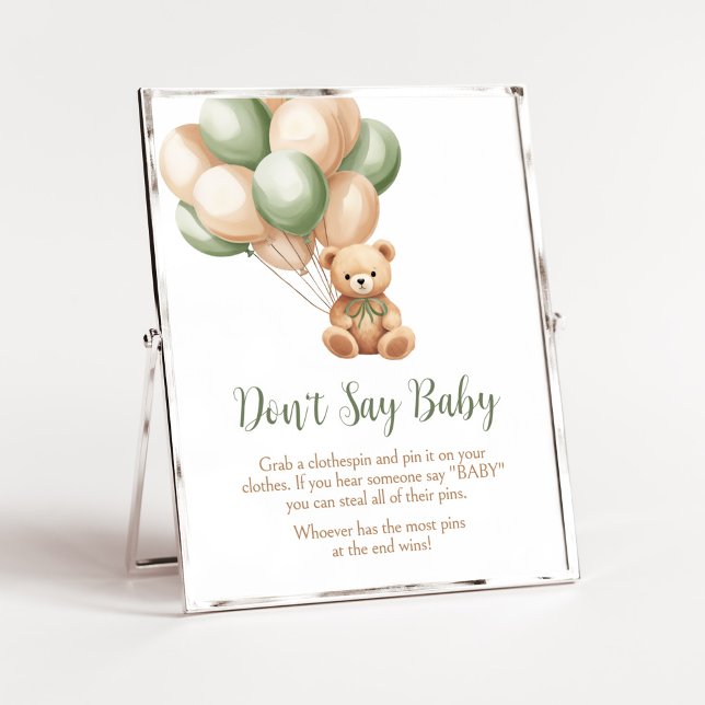 Sage Green Bear Balloon Baby Shower Don't Say Baby Poster (Green Boho Bear Baby Shower Don't Say Baby Sign)