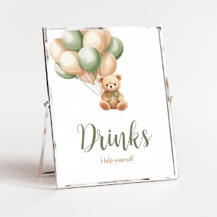 Sage Green Bear Balloon Baby Shower Drinks Poster