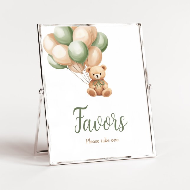 Sage Green Bear Balloon Baby Shower Favors Poster (Green Boho Bear Baby Shower Favors Sign)